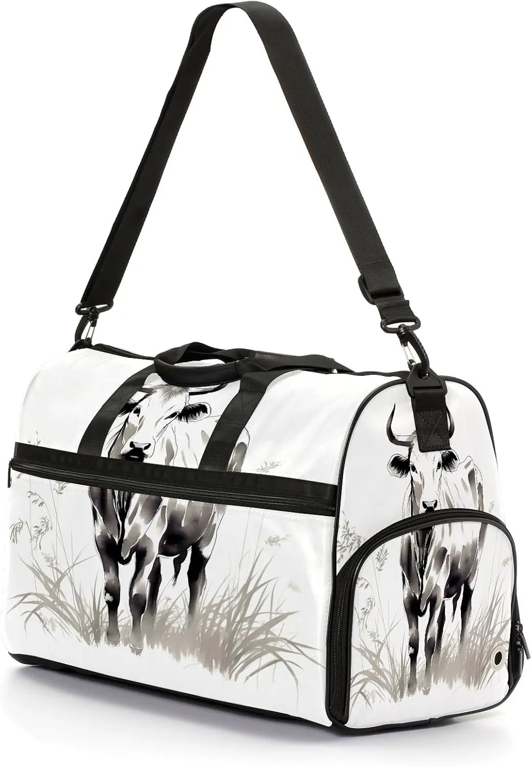 Sports Gym Bag for Women, Sport Duffle Workout Bags with Shoe Compartment, Small Womens Gym Bags, Chinese Painting Cow - 8