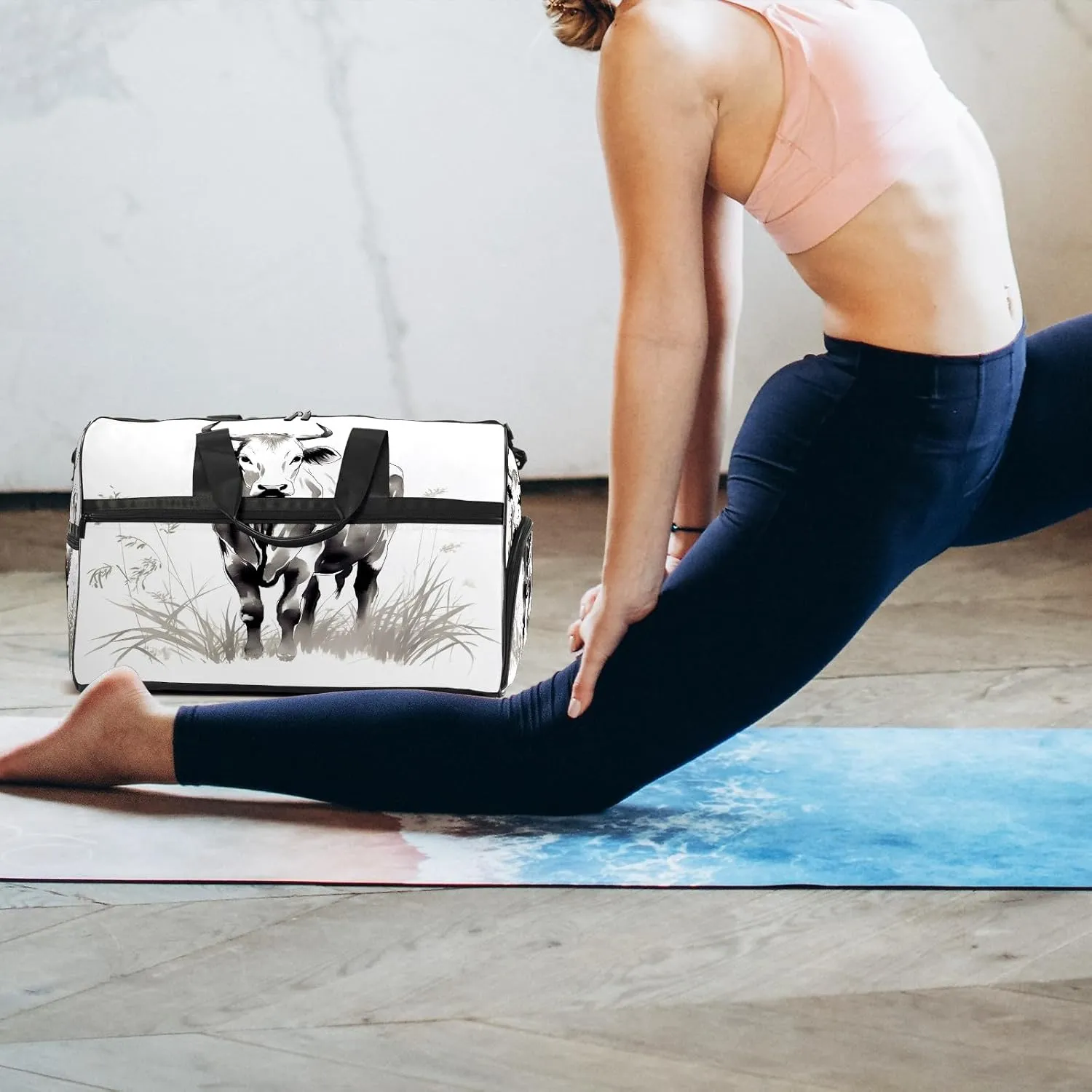 Sports Gym Bag for Women, Sport Duffle Workout Bags with Shoe Compartment, Small Womens Gym Bags, Chinese Painting Cow - 8