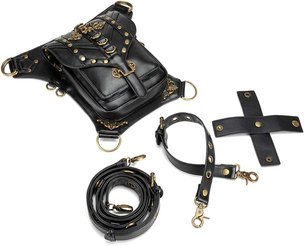 Steampunk Waist Bag Fanny Pack Fashion Gothic Leather Shoulder Crossbody Messenger Bags Thigh Leg Hip Holster Purse Travel Pouch Hiking Sport Chain Bags for Women Men