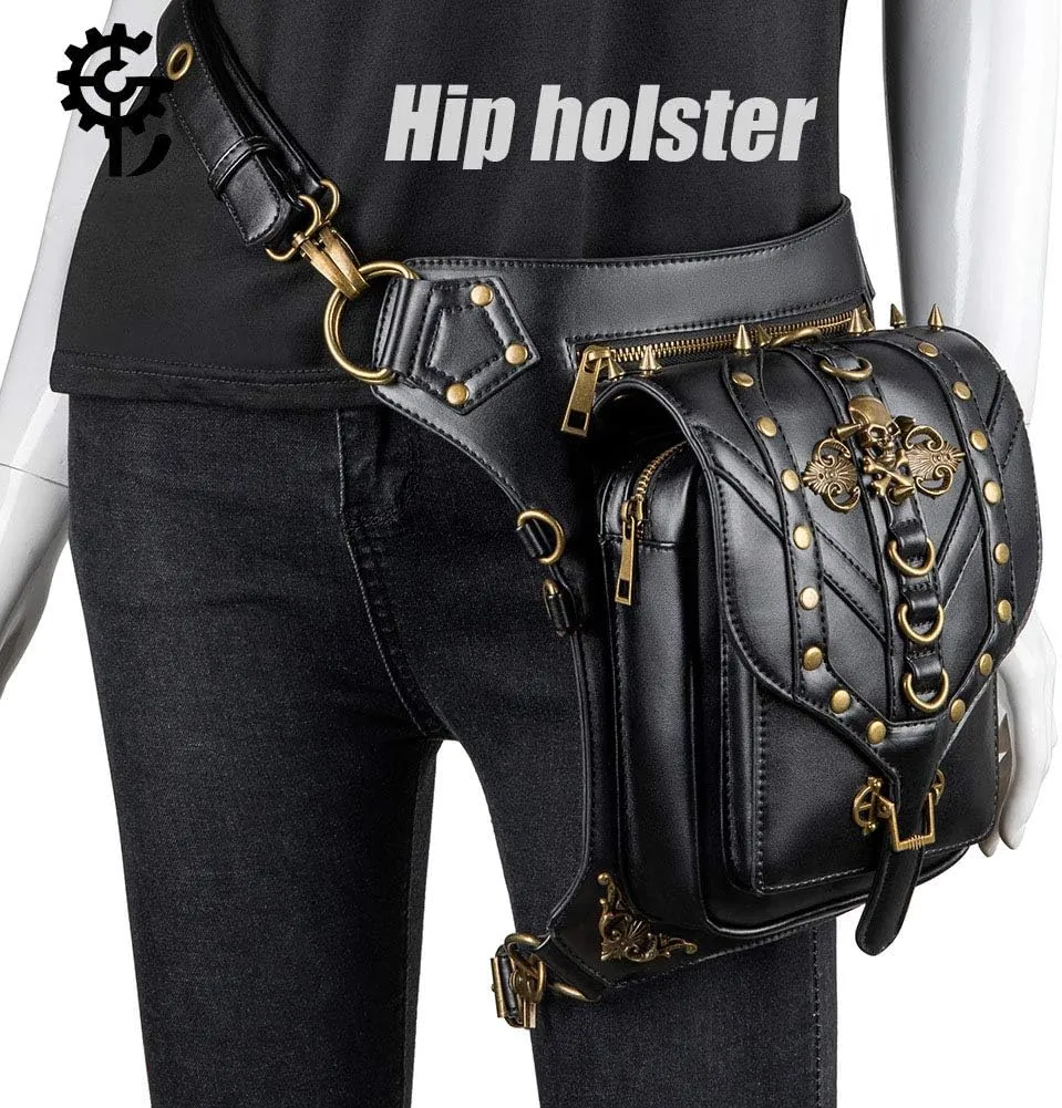 Steampunk Waist Bag Fanny Pack Fashion Gothic Leather Shoulder Crossbody Messenger Bags Thigh Leg Hip Holster Purse Travel Pouch Hiking Sport Chain Bags for Women Men