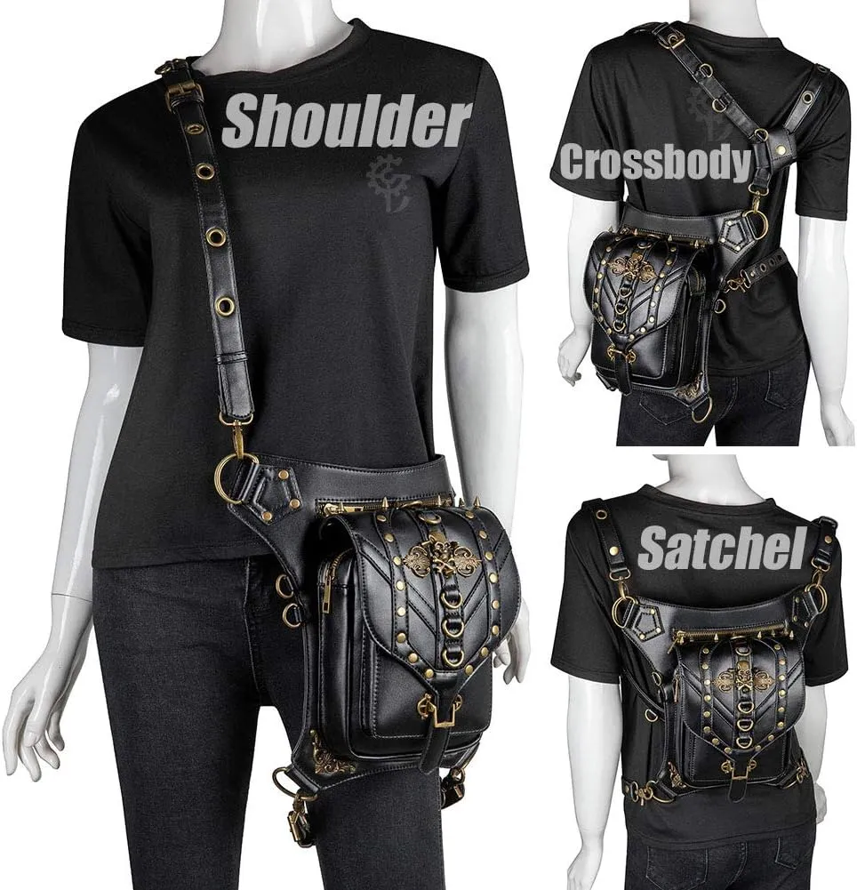 Steampunk Waist Bag Fanny Pack Fashion Gothic Leather Shoulder Crossbody Messenger Bags Thigh Leg Hip Holster Purse Travel Pouch Hiking Sport Chain Bags for Women Men