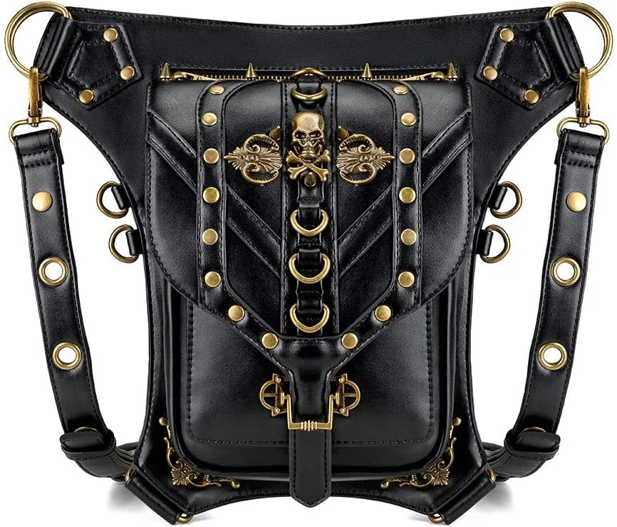 Steampunk Waist Bag Fanny Pack Fashion Gothic Leather Shoulder Crossbody Messenger Bags Thigh Leg Hip Holster Purse Travel Pouch Hiking Sport Chain Bags for Women Men