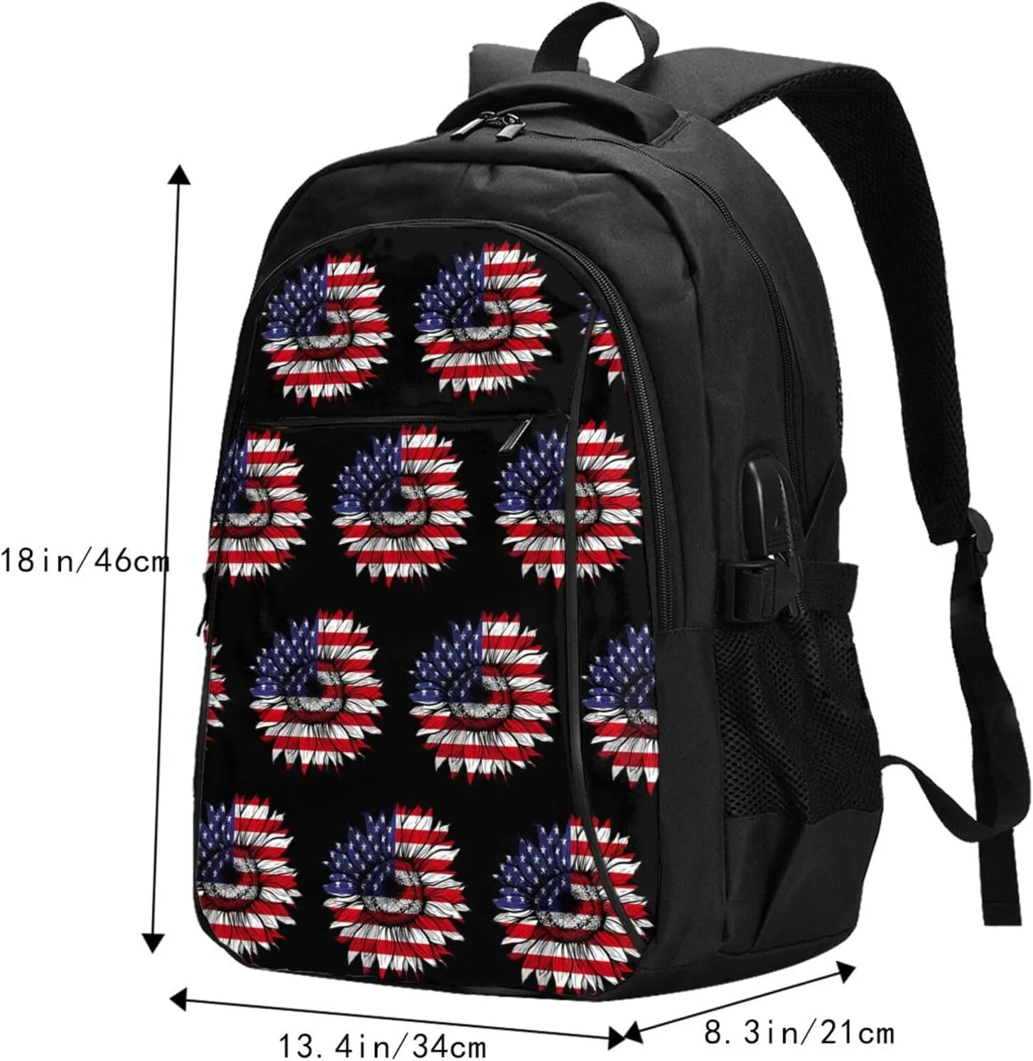 Sunflower American Flag Patriotic Travel Backpack Laptop Backpacks Business Rucksack Outdoor Daypack Large Sport Bag with Luggage Strap USB Charging Port for Hiking Working