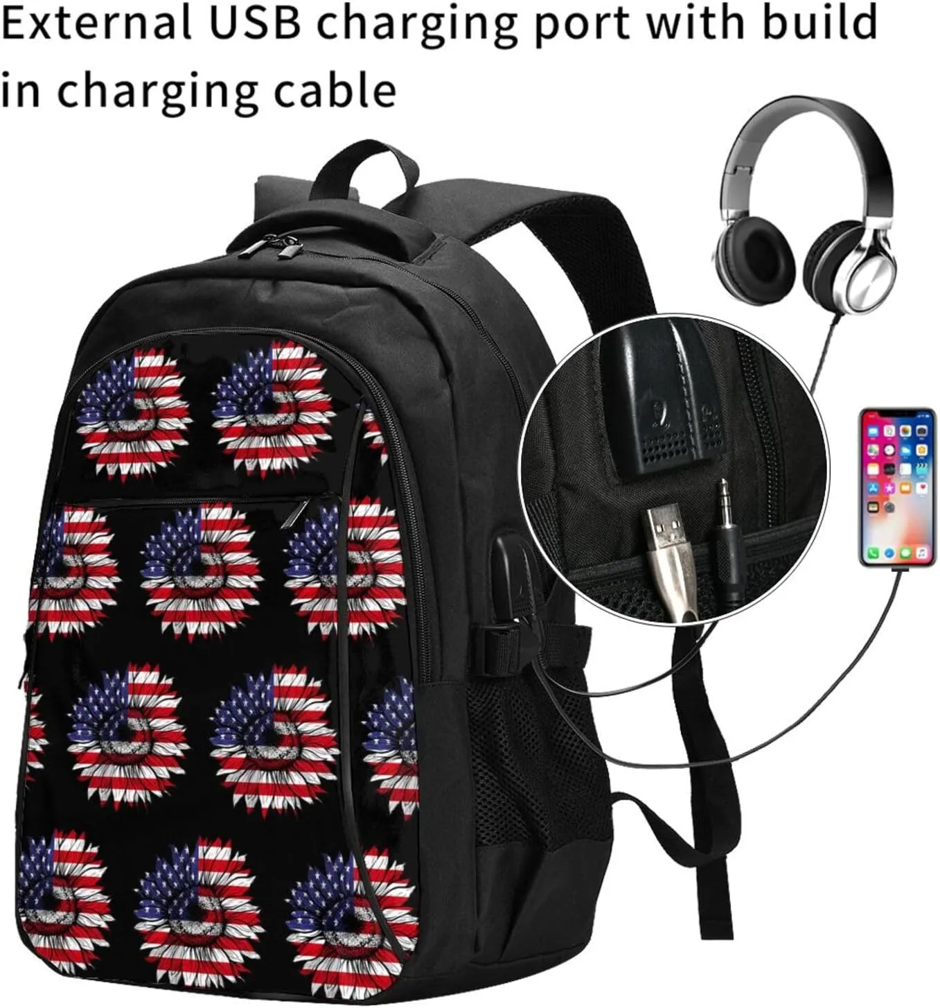 Sunflower American Flag Patriotic Travel Backpack Laptop Backpacks Business Rucksack Outdoor Daypack Large Sport Bag with Luggage Strap USB Charging Port for Hiking Working