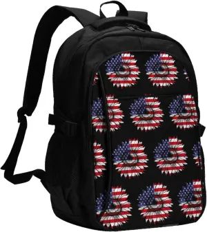 Sunflower American Flag Patriotic Travel Backpack Laptop Backpacks Business Rucksack Outdoor Daypack Large Sport Bag with Luggage Strap USB Charging Port for Hiking Working