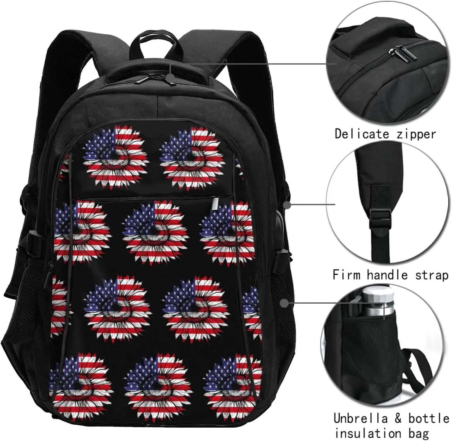 Sunflower American Flag Patriotic Travel Backpack Laptop Backpacks Business Rucksack Outdoor Daypack Large Sport Bag with Luggage Strap USB Charging Port for Hiking Working