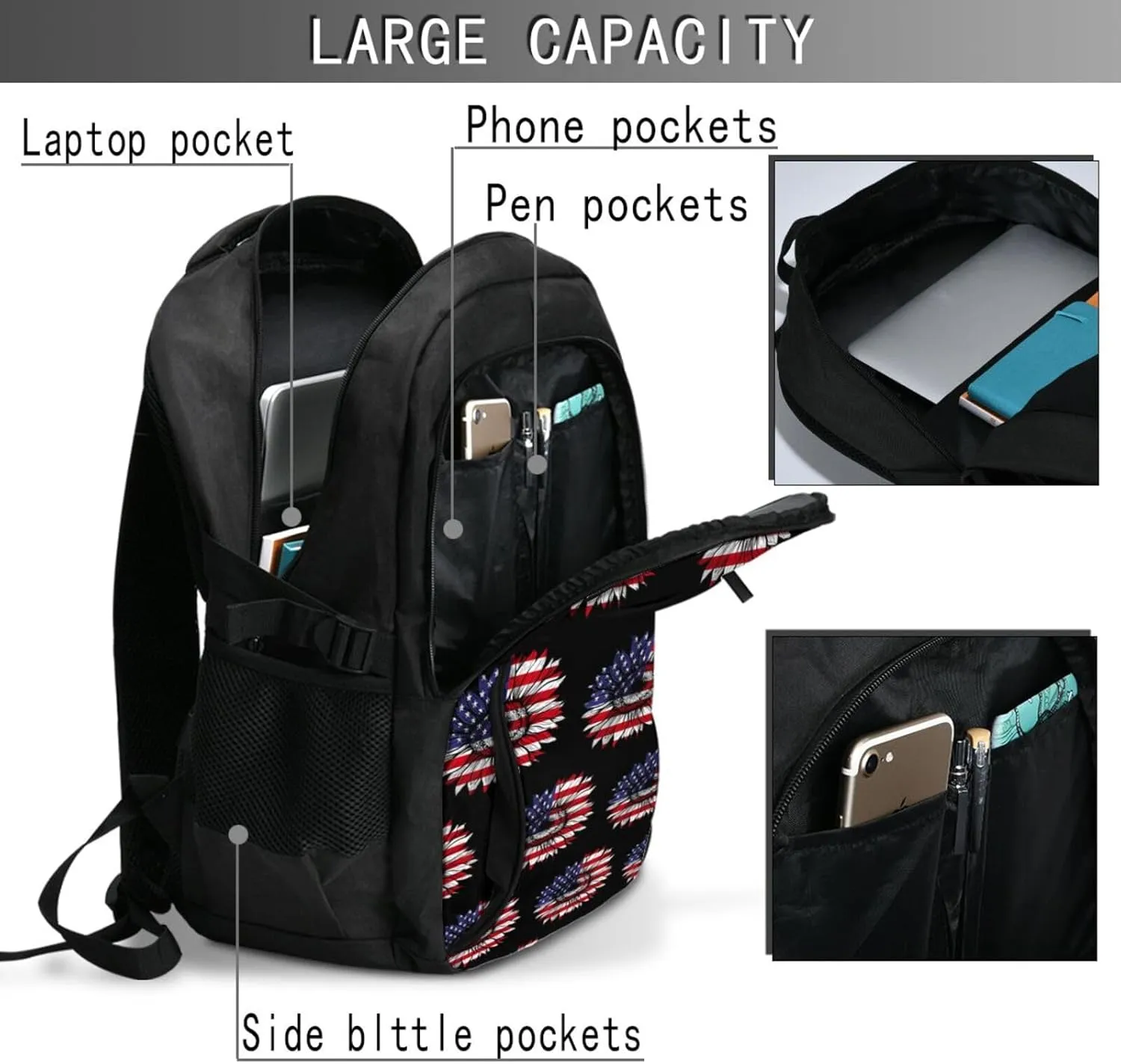 Sunflower American Flag Patriotic Travel Backpack Laptop Backpacks Business Rucksack Outdoor Daypack Large Sport Bag with Luggage Strap USB Charging Port for Hiking Working