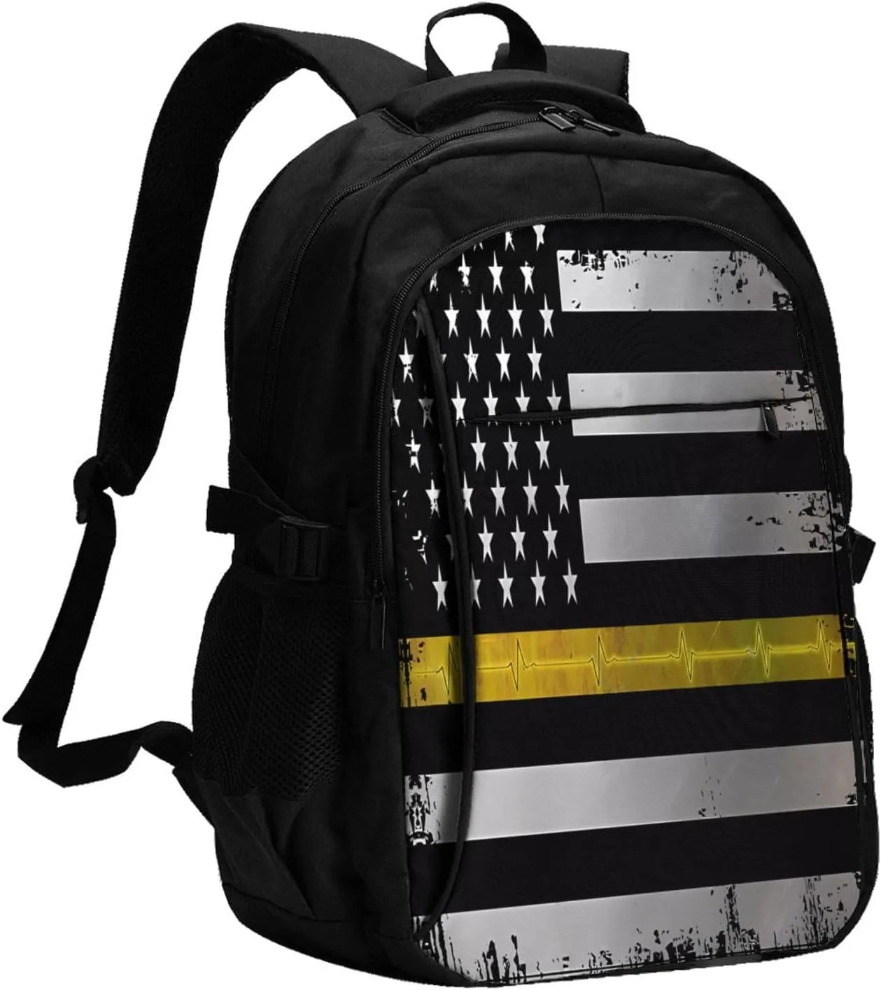 Thin Yellow Line EKG American Flag Travel Backpack Laptop Backpacks Business Rucksack Outdoor Daypack Large Sport Bag with Luggage Strap USB Charging Port for Hiking Working