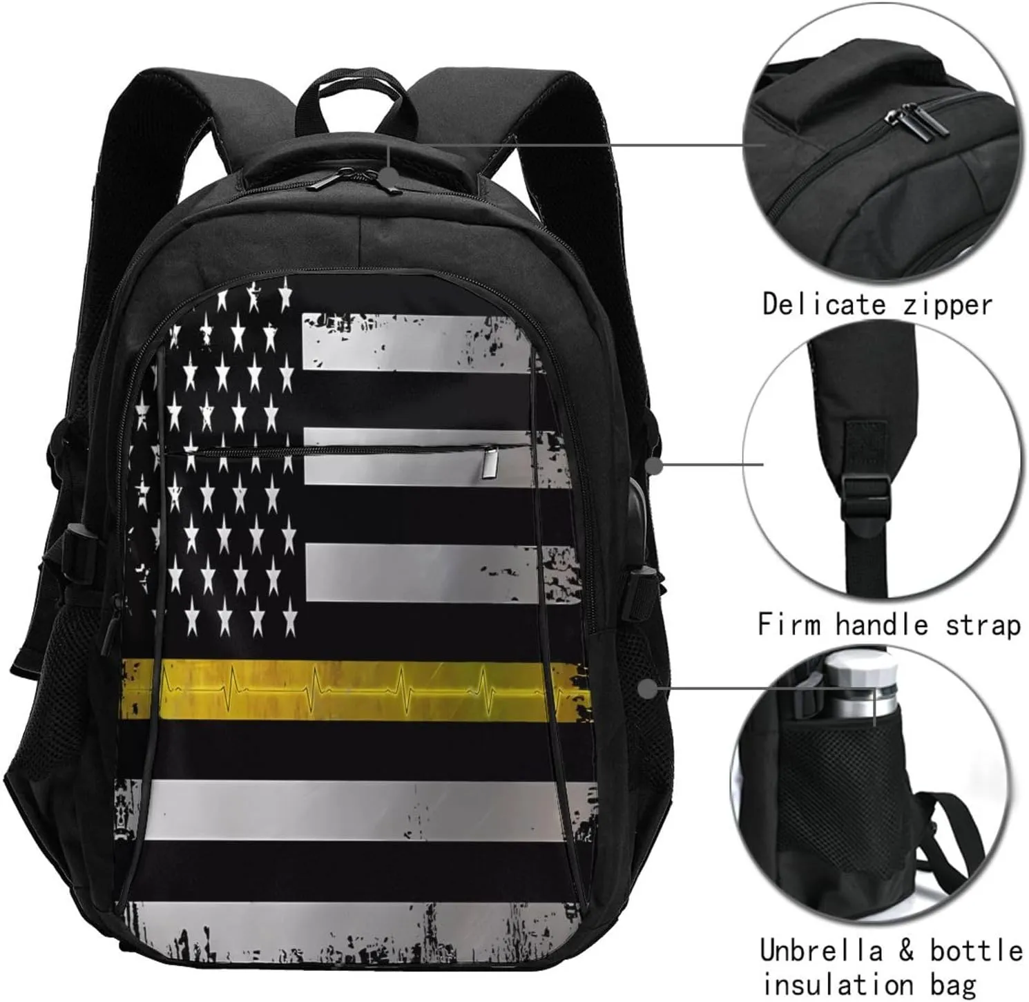 Thin Yellow Line EKG American Flag Travel Backpack Laptop Backpacks Business Rucksack Outdoor Daypack Large Sport Bag with Luggage Strap USB Charging Port for Hiking Working