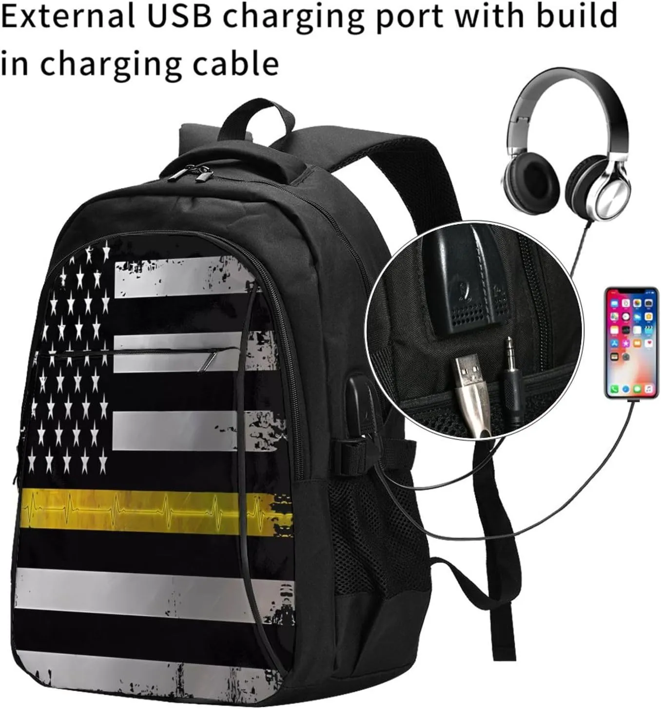 Thin Yellow Line EKG American Flag Travel Backpack Laptop Backpacks Business Rucksack Outdoor Daypack Large Sport Bag with Luggage Strap USB Charging Port for Hiking Working