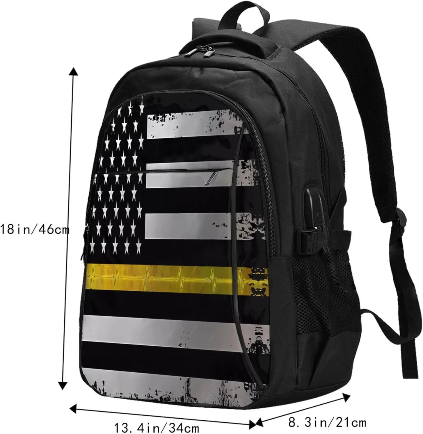 Thin Yellow Line EKG American Flag Travel Backpack Laptop Backpacks Business Rucksack Outdoor Daypack Large Sport Bag with Luggage Strap USB Charging Port for Hiking Working