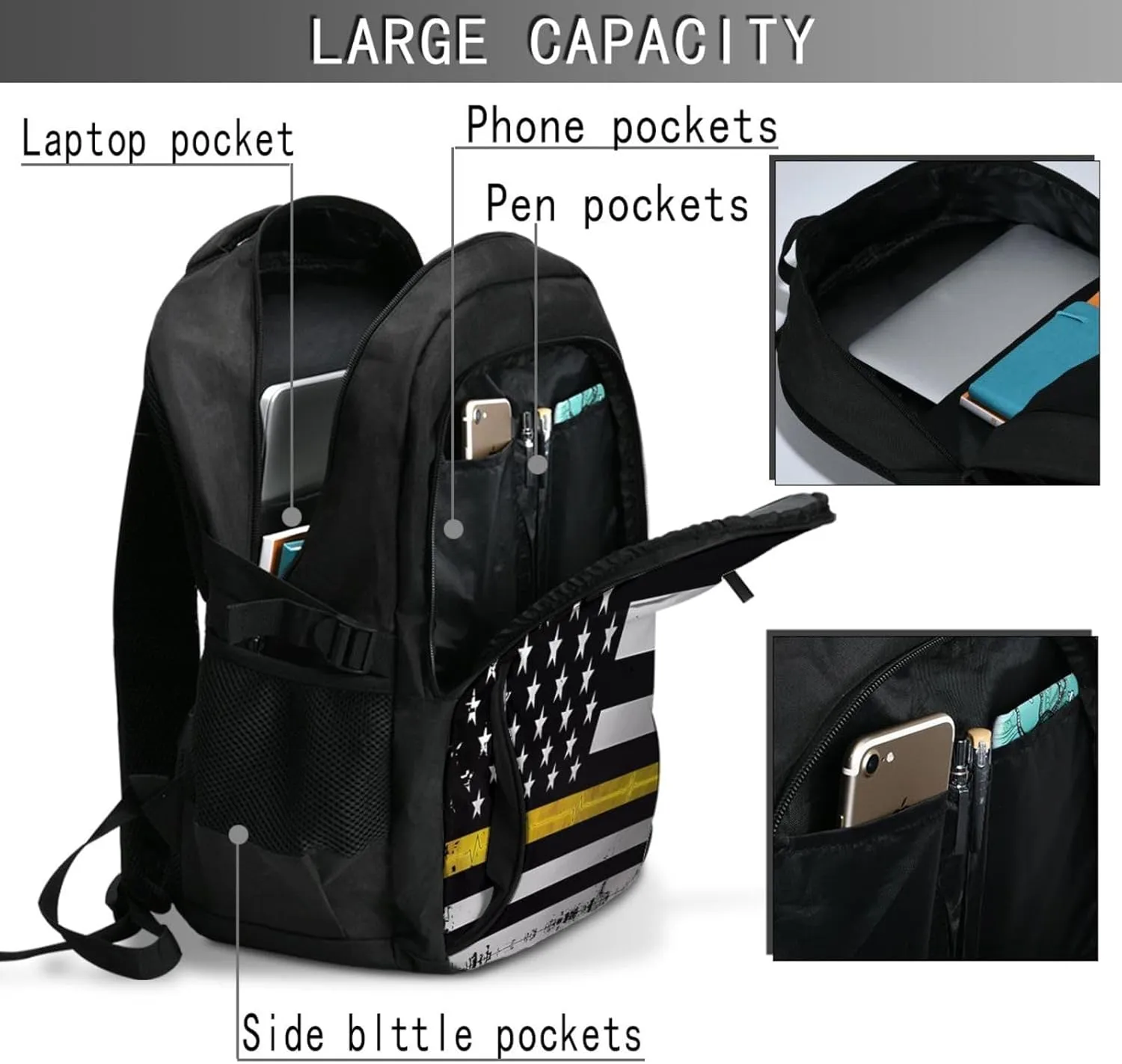 Thin Yellow Line EKG American Flag Travel Backpack Laptop Backpacks Business Rucksack Outdoor Daypack Large Sport Bag with Luggage Strap USB Charging Port for Hiking Working