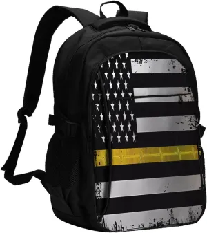 Thin Yellow Line EKG American Flag Travel Backpack Laptop Backpacks Business Rucksack Outdoor Daypack Large Sport Bag with Luggage Strap USB Charging Port for Hiking Working