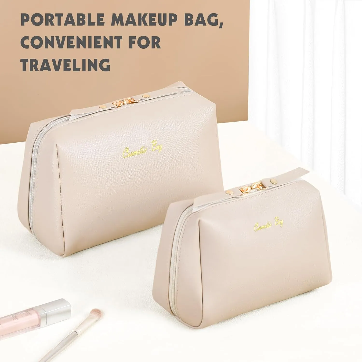 Topwey Makeup Bag, Travel Essentials Cosmetic Bags for Women, Waterproof Portable Pouch travel toiletry bag with Divider (Khaki, Small)