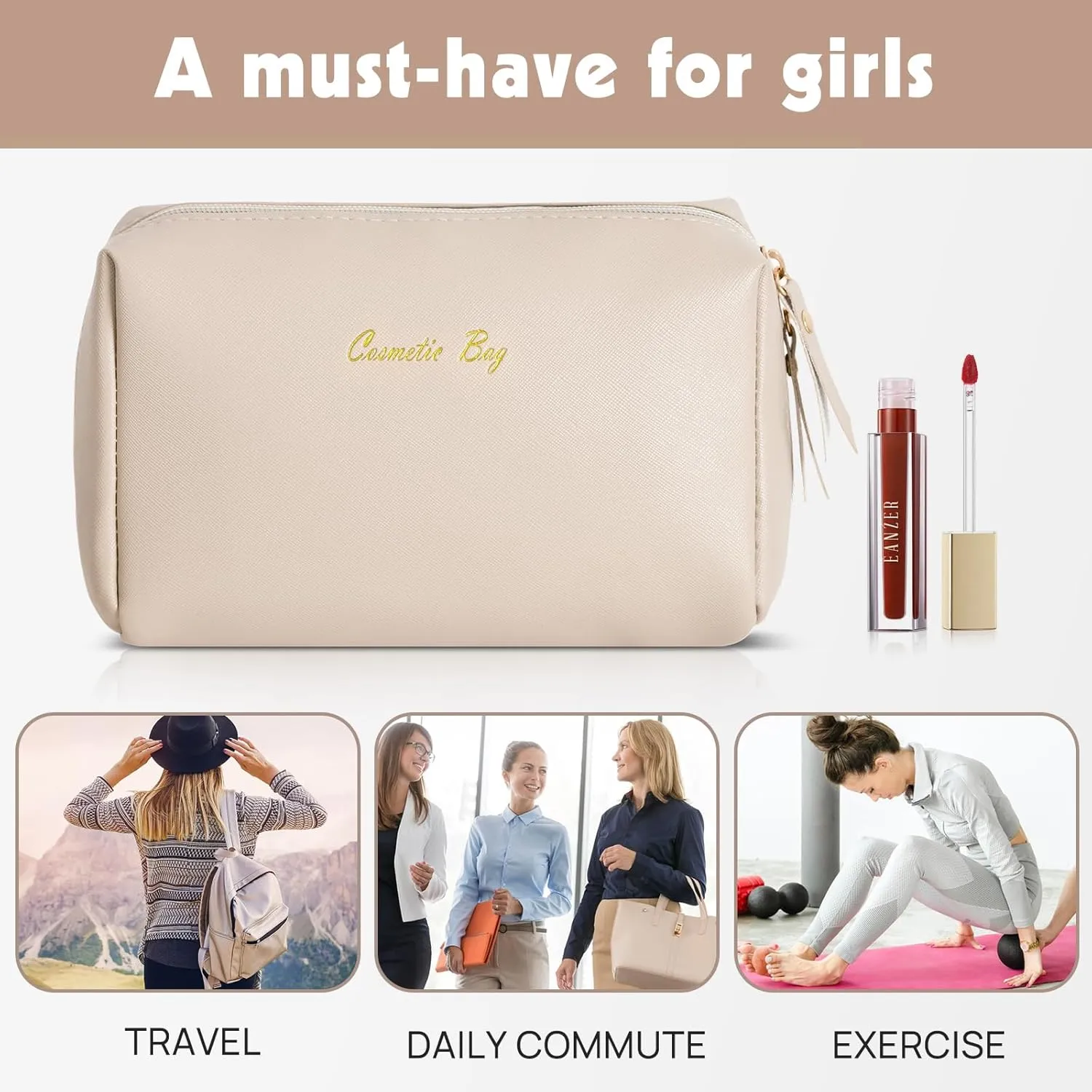 Topwey Makeup Bag, Travel Essentials Cosmetic Bags for Women, Waterproof Portable Pouch travel toiletry bag with Divider (Khaki, Small)