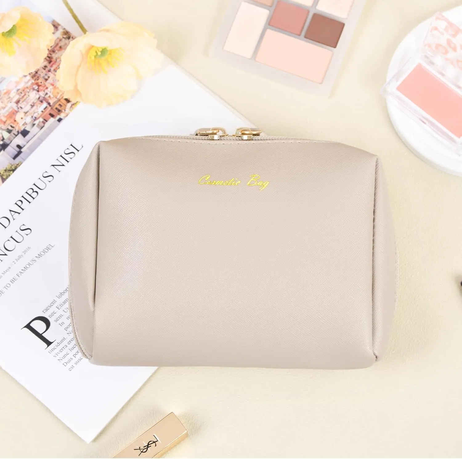 Topwey Makeup Bag, Travel Essentials Cosmetic Bags for Women, Waterproof Portable Pouch travel toiletry bag with Divider (Khaki, Small)