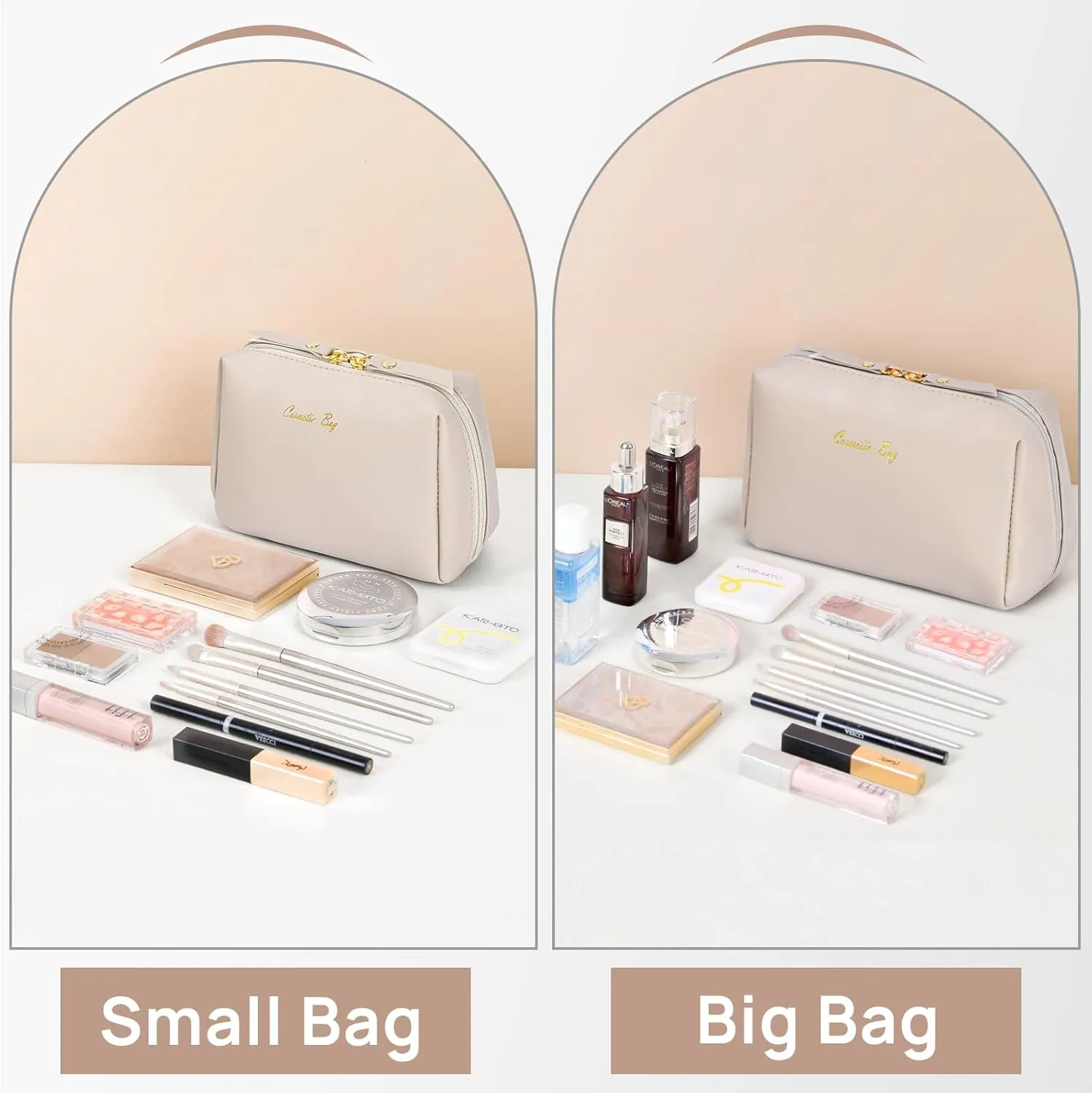 Topwey Makeup Bag, Travel Essentials Cosmetic Bags for Women, Waterproof Portable Pouch travel toiletry bag with Divider (Khaki, Small)