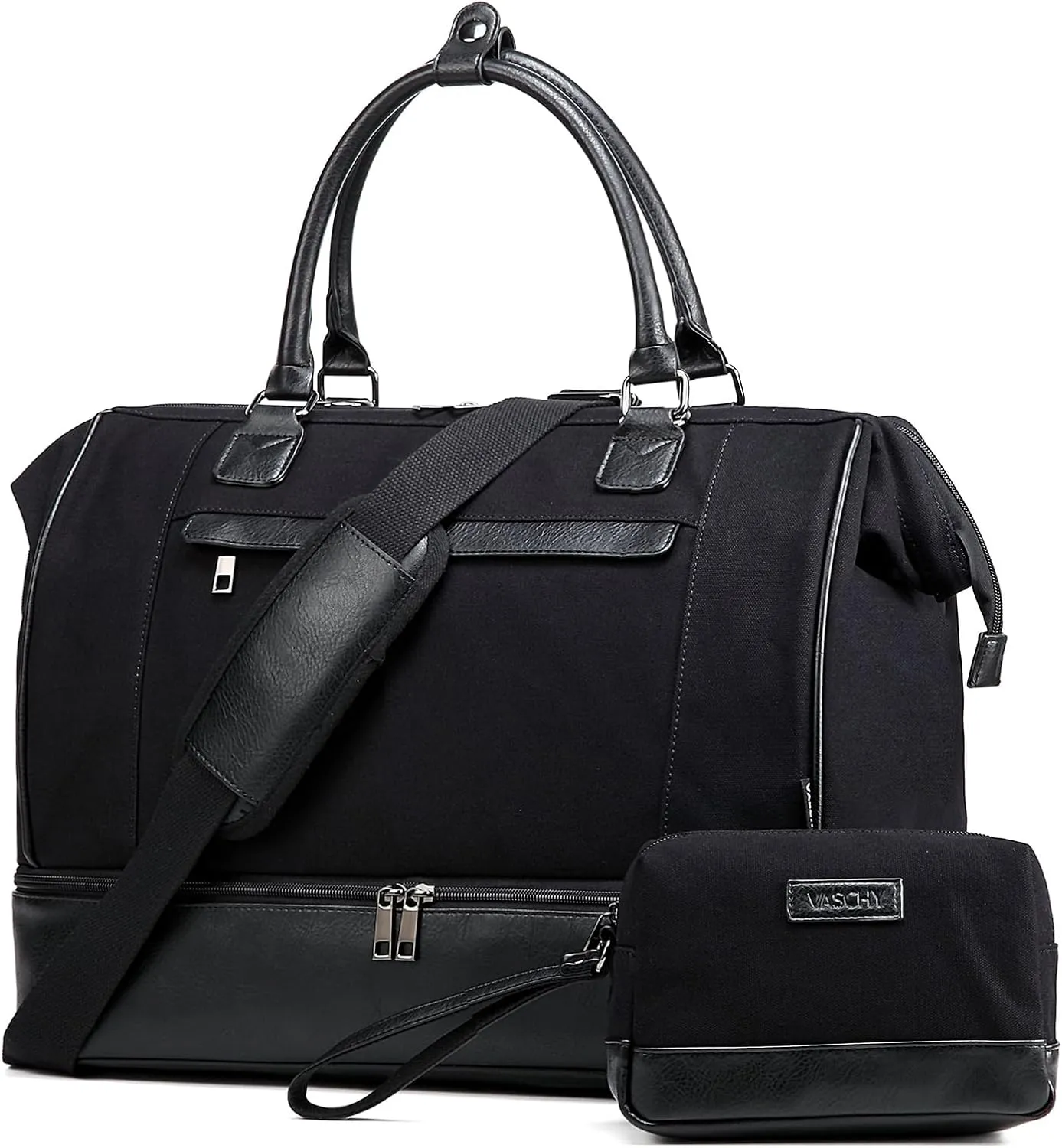 Travel Duffle Bag for Women,Vaschy 17'' Canvas Under Seat Carry On Weekender Overnight Duffel Tote Bag with Trolley sleeve/Shoe Compartment/Tolietry Bag Set for Travelling,Gym Black