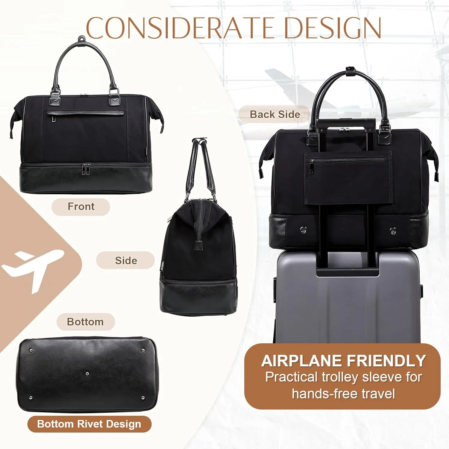 Travel Duffle Bag for Women,Vaschy 17'' Canvas Under Seat Carry On Weekender Overnight Duffel Tote Bag with Trolley sleeve/Shoe Compartment/Tolietry Bag Set for Travelling,Gym Black