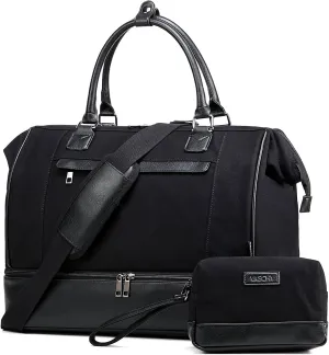Travel Duffle Bag for Women,Vaschy 17'' Canvas Under Seat Carry On Weekender Overnight Duffel Tote Bag with Trolley sleeve/Shoe Compartment/Tolietry Bag Set for Travelling,Gym Black