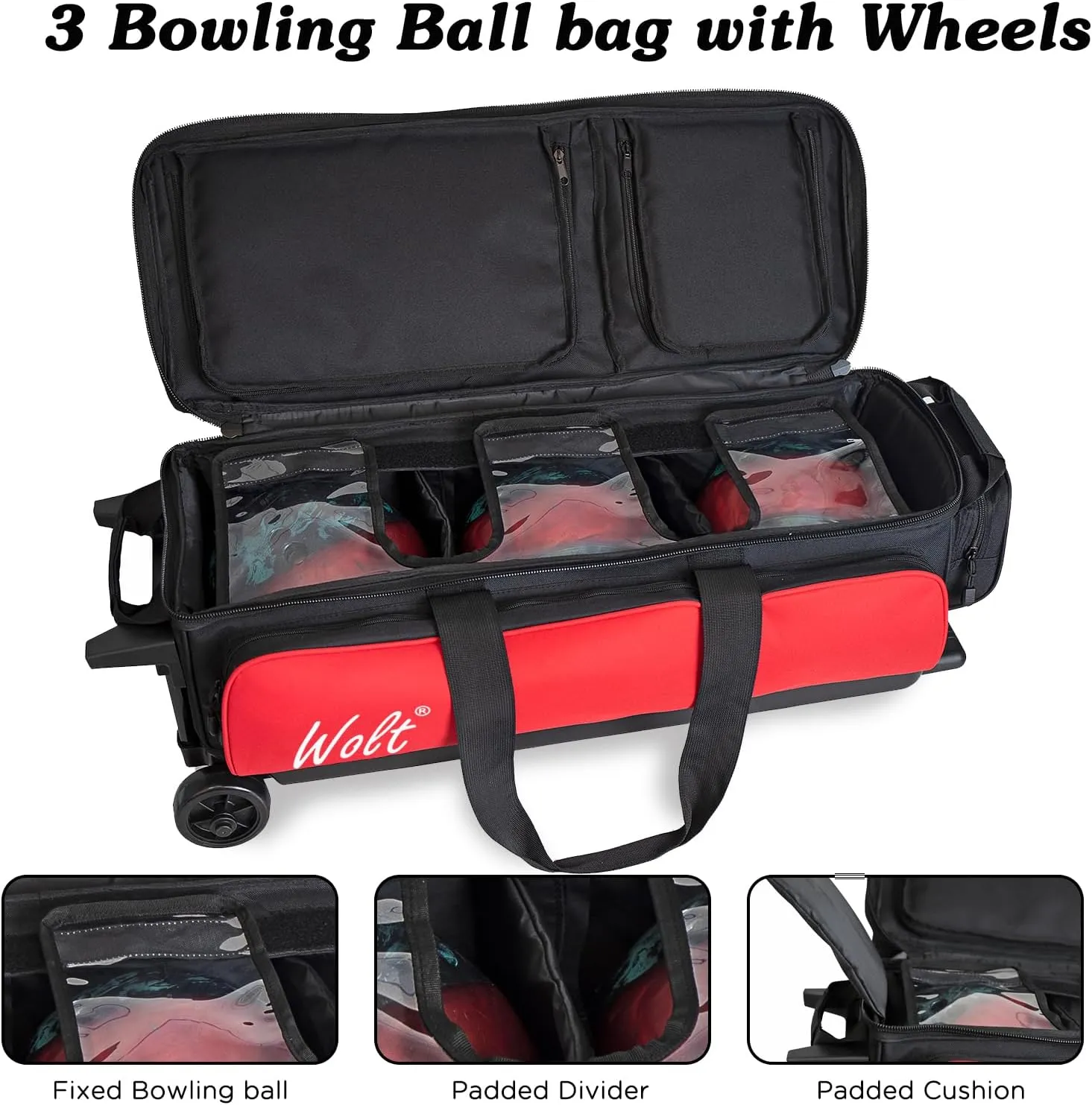 WOLT 3 Ball Bowling Bags with Wheels,Bowling Ball Bag 3 Ball Roller with Separate Shoe Compartment and Accessory Pocket, Retractable Handle Extends to 38