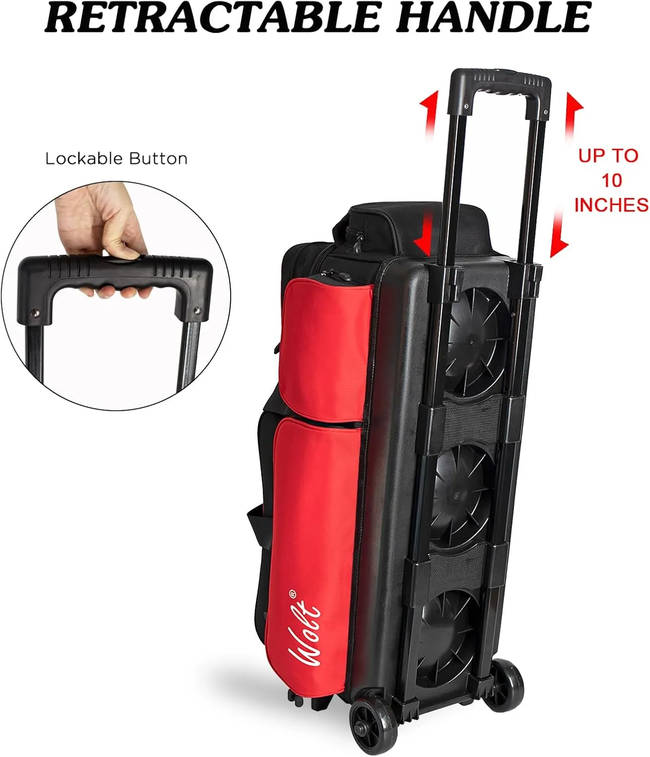WOLT 3 Ball Bowling Bags with Wheels,Bowling Ball Bag 3 Ball Roller with Separate Shoe Compartment and Accessory Pocket, Retractable Handle Extends to 38