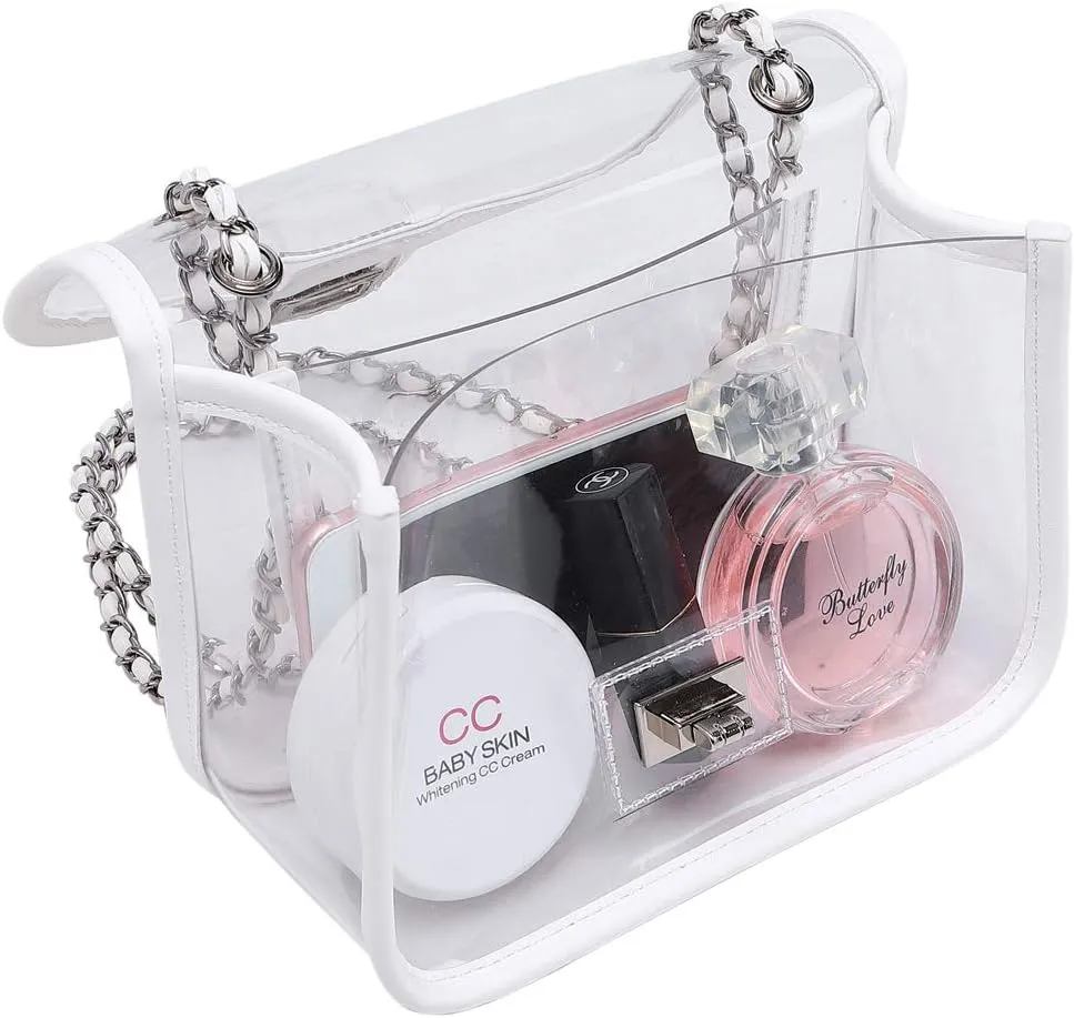 Womens PVC Clear Purse Handbag with Chain Stadium Approved Clear Bag See Through Bag for Working and Concert
