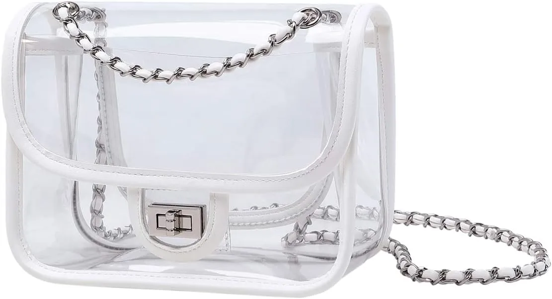 Womens PVC Clear Purse Handbag with Chain Stadium Approved Clear Bag See Through Bag for Working and Concert
