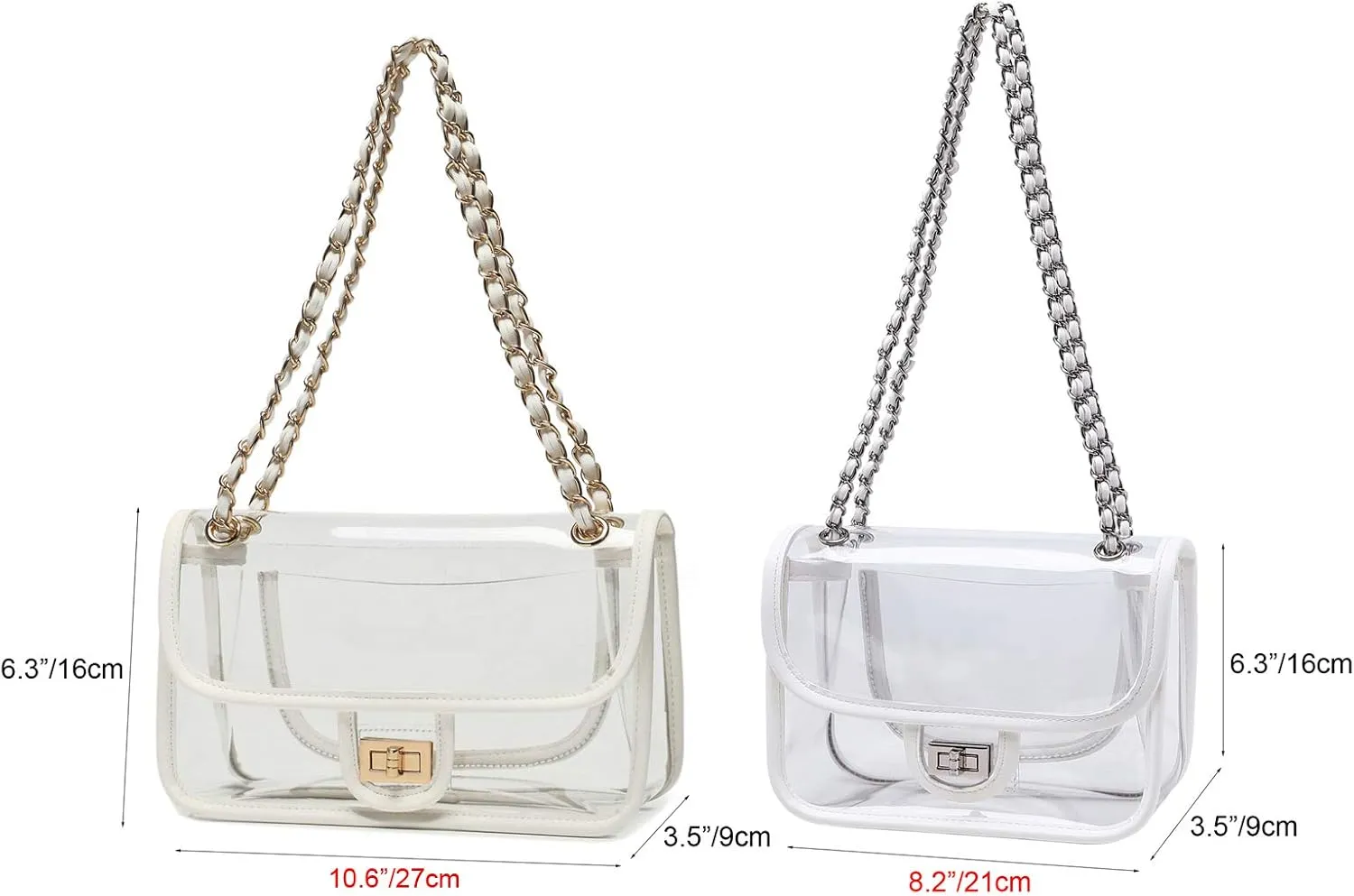 Womens PVC Clear Purse Handbag with Chain Stadium Approved Clear Bag See Through Bag for Working and Concert