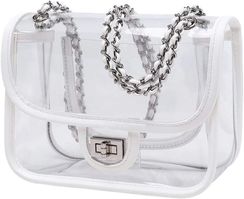 Womens PVC Clear Purse Handbag with Chain Stadium Approved Clear Bag See Through Bag for Working and Concert