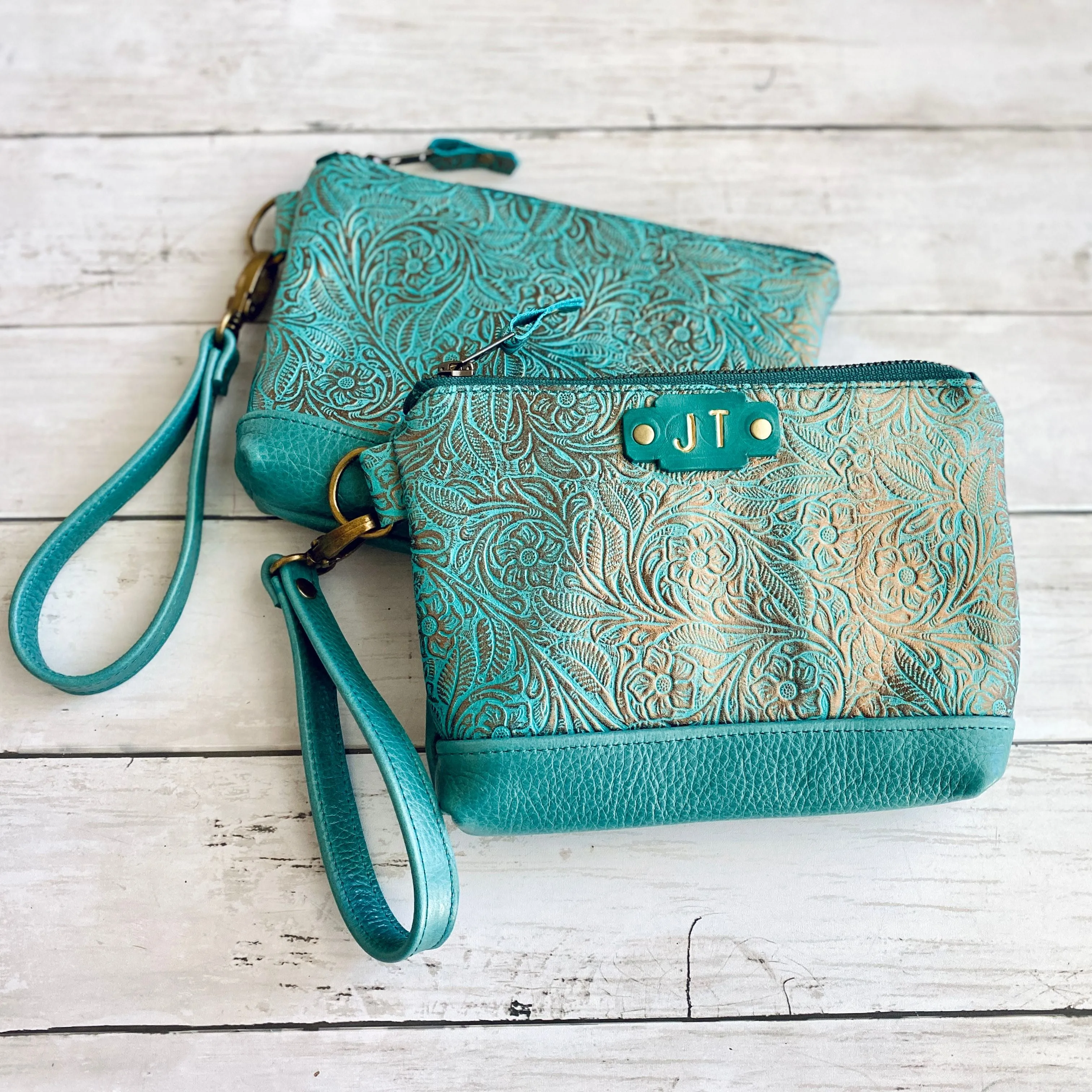 Wristlet in Turquoise, Turquoise Embossed Floral