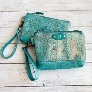 Wristlet in Turquoise, Turquoise Embossed Floral